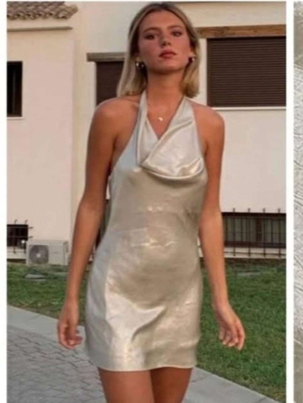 Zara Halter Cowl Mini Dress in Shimmery Champagne